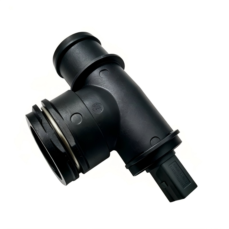 Black coolant hose connector with flange and electrical sensor plug