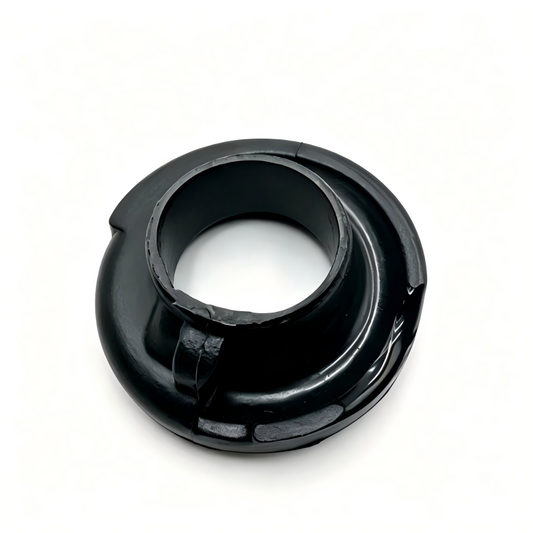 Rear coil spring lower pad, black rubber bushing with side tab and circular hole