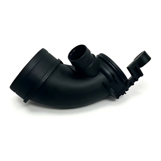 Black air intake hose with curved tube and mounting clip