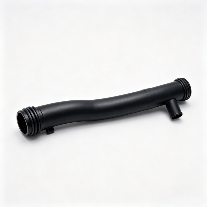 Black engine coolant pipe with threaded end and angled connector
