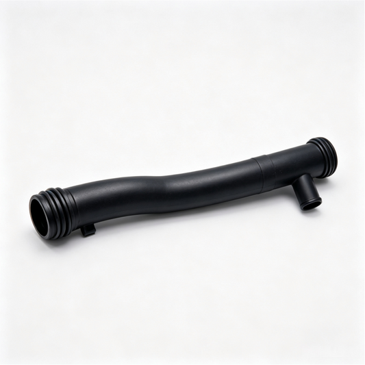 Black engine coolant pipe with threaded end and angled connector