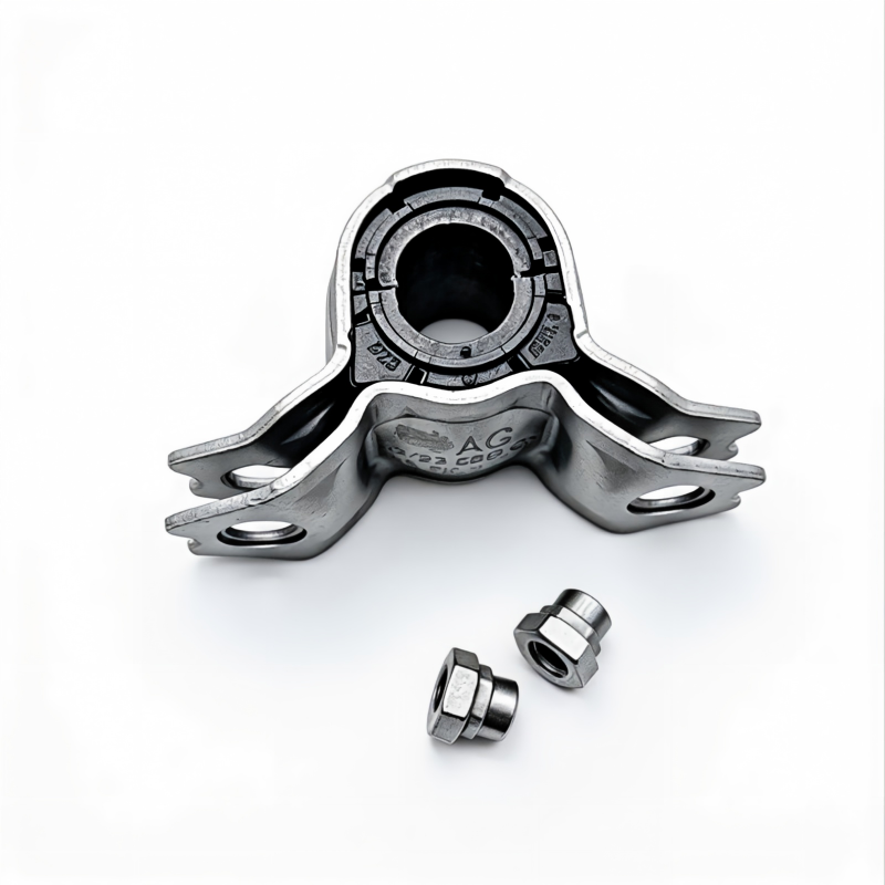 Front stabilizer bar bushing bracket with two lower mounting tabs and hardware