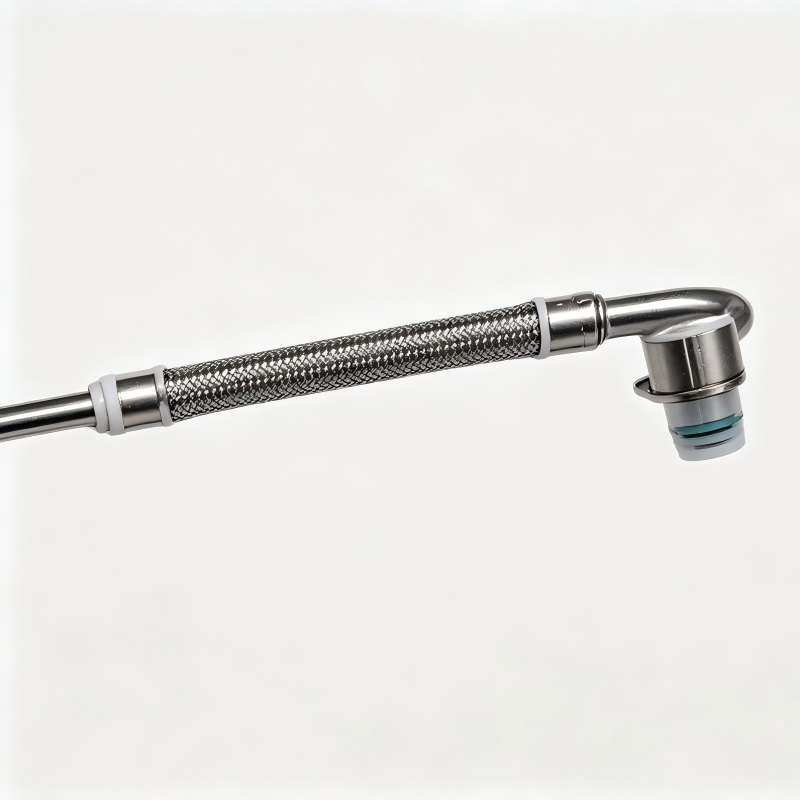 Turbo boost pipe with braided hose, metal couplings, and blue-ring sensor connector
