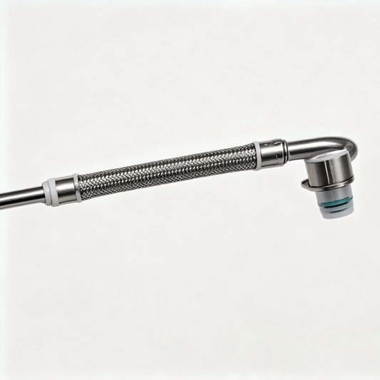 Turbo boost pipe with braided hose, metal couplings, and blue-ring sensor connector