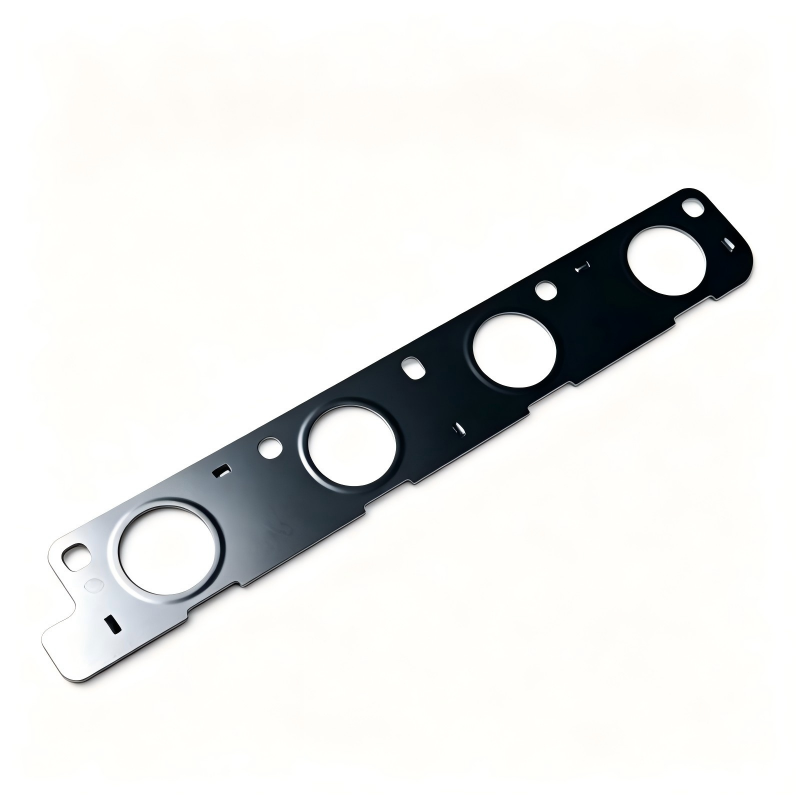 Exhaust manifold gasket metal plate with four circular openings and mounting holes