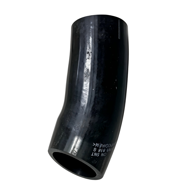 Black turbocharger boost pipe hose end with open circular inlet and curved profile