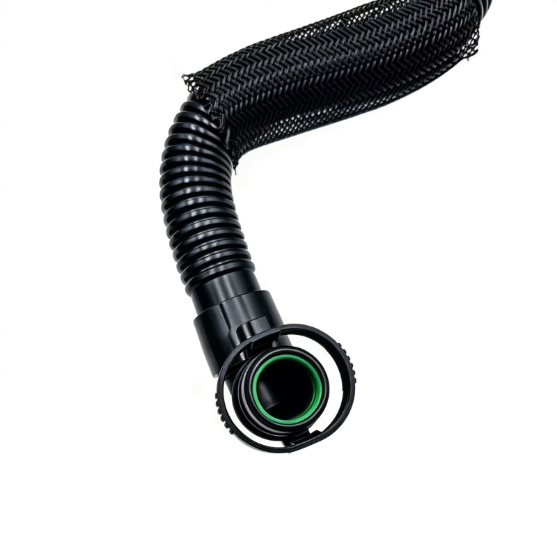 Crankcase vent hose detail with braided mesh and circular green seal