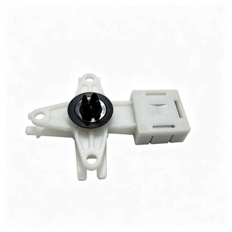 White rear door lock relay lever actuator with black center pin and rectangular housing