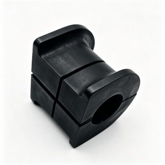 Stabilizer bar bushing, black rubber, angled end view with round hole