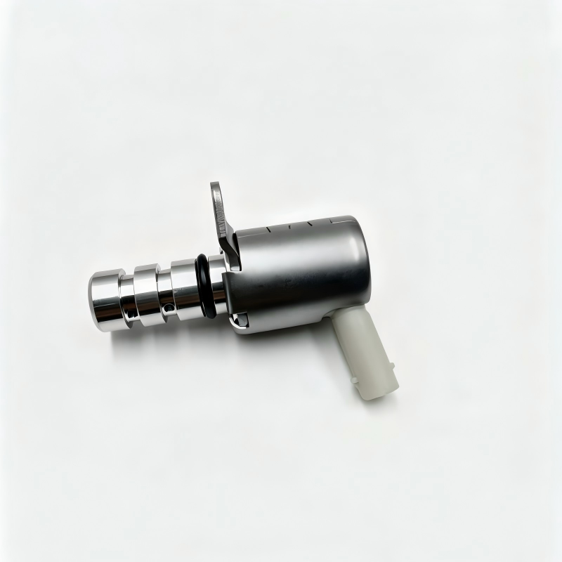 Oil pressure control valve with flanged mount tab and white plastic inlet hose port