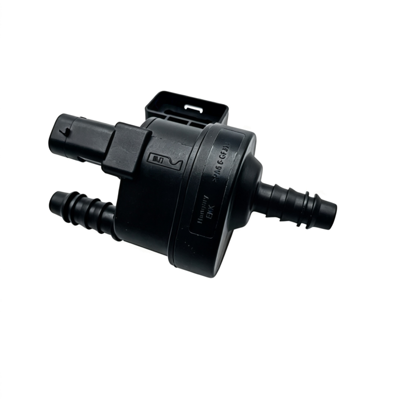 Black EVAP purge valve with capped connector and side hose fittings