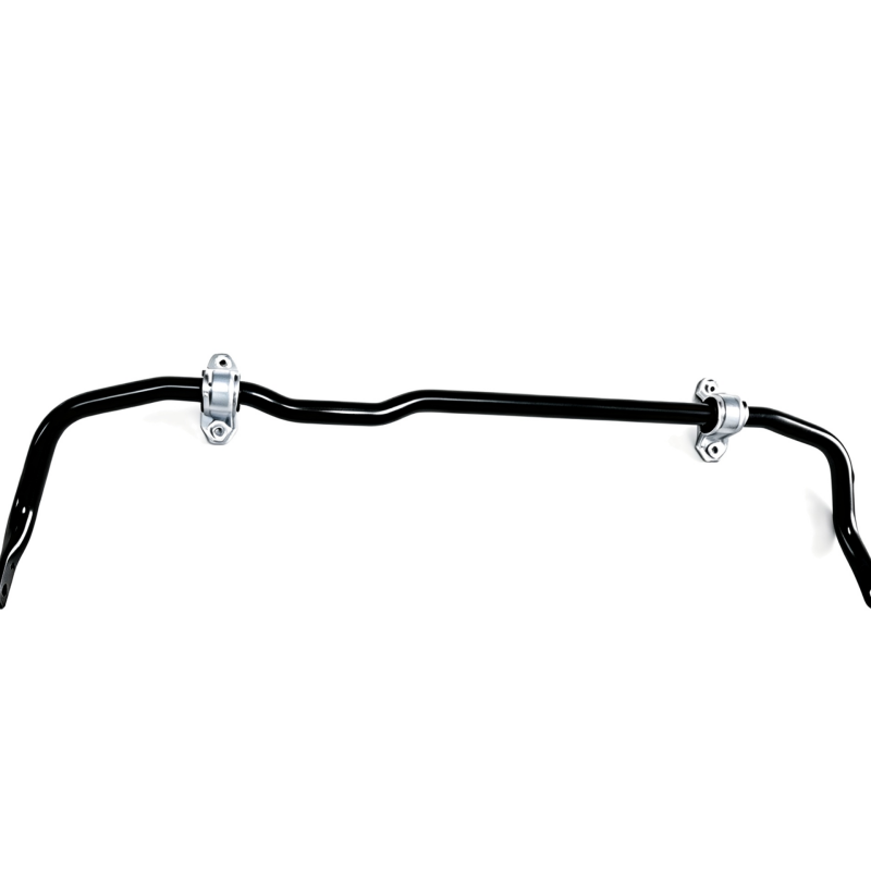 Front stabilizer bar with black steel tube and two silver mounting brackets, full length