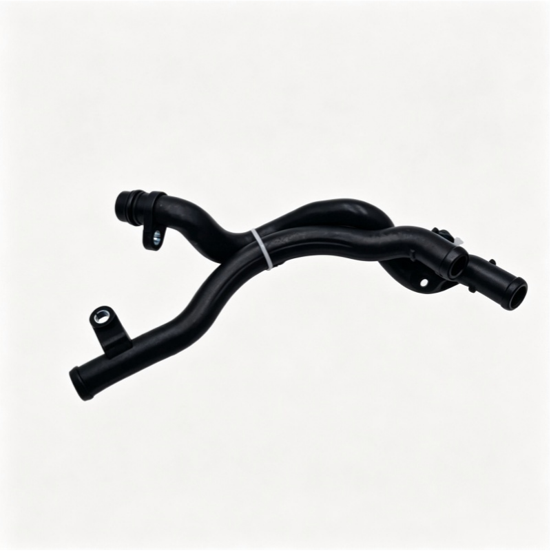 Black coolant return pipe with curved hoses and a metal mounting hole bracket