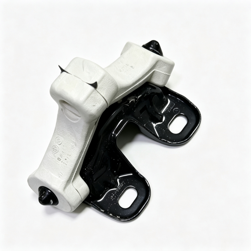 Angled exhaust hanger rubber mount with black rubber insulators on white bracket