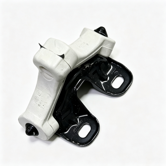Angled exhaust hanger rubber mount with black rubber insulators on white bracket