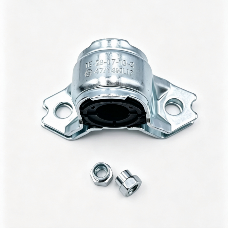 Front stabilizer bar bushing bracket with black insert and two nuts, stamped housing