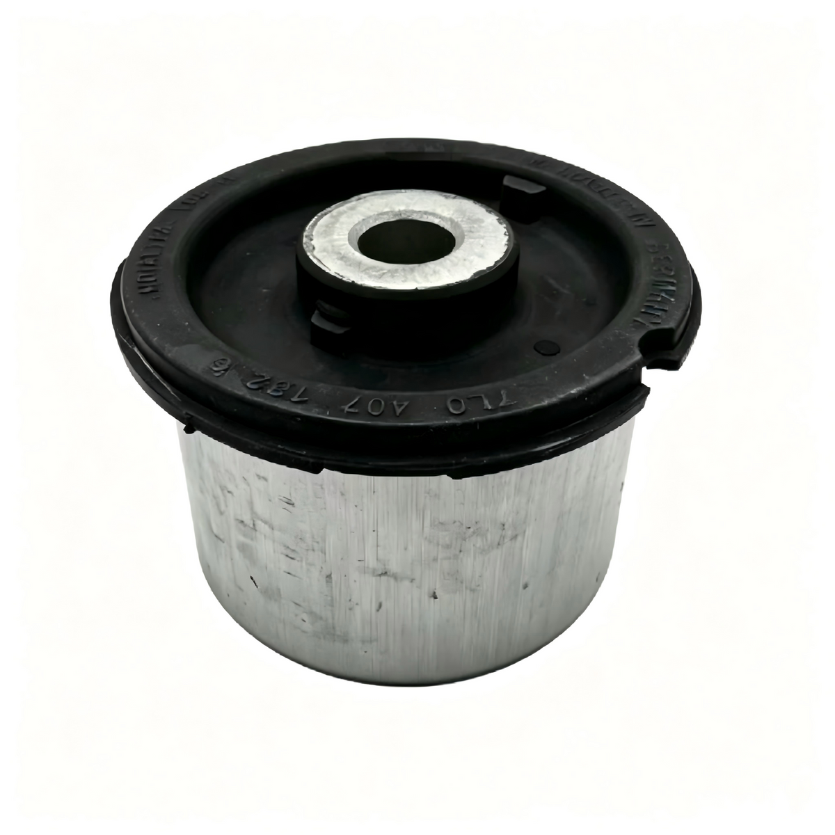 Front lower control arm bushing with black rubber cap and exposed metal center hole