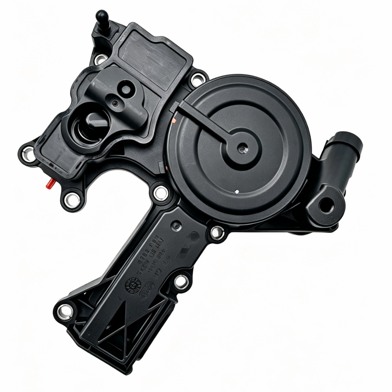 Black oil separator with circular cover and outlet ports, metal bracket and bolts