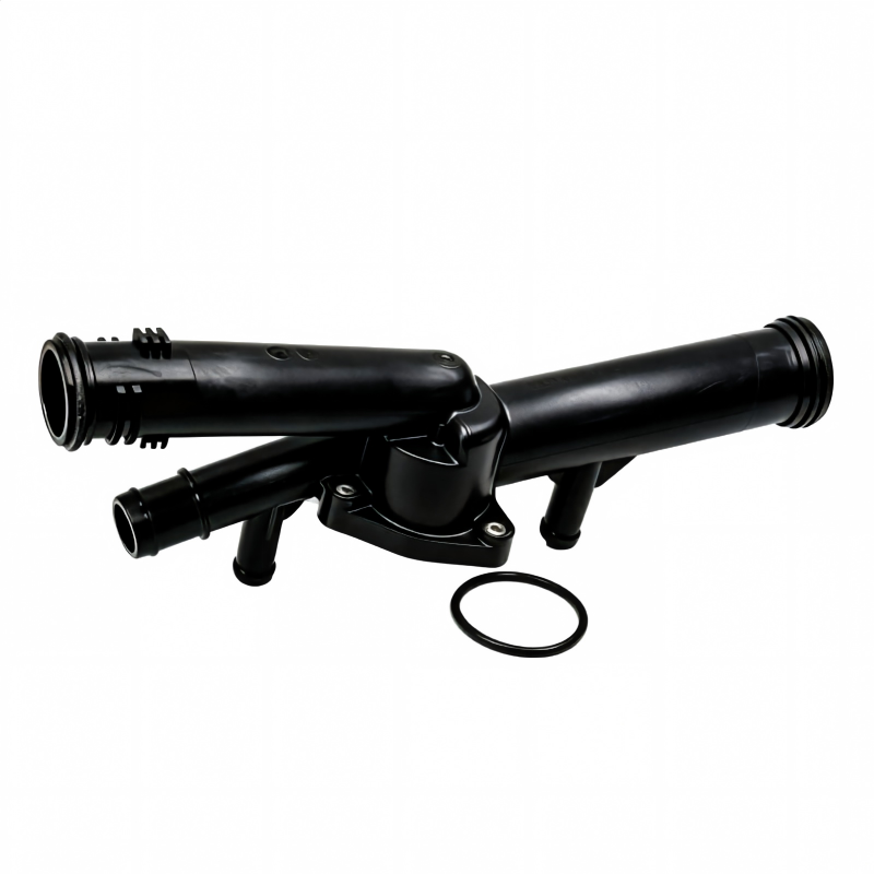 Thermostat housing assembly with black plastic pipes, outlet ports, and round gasket