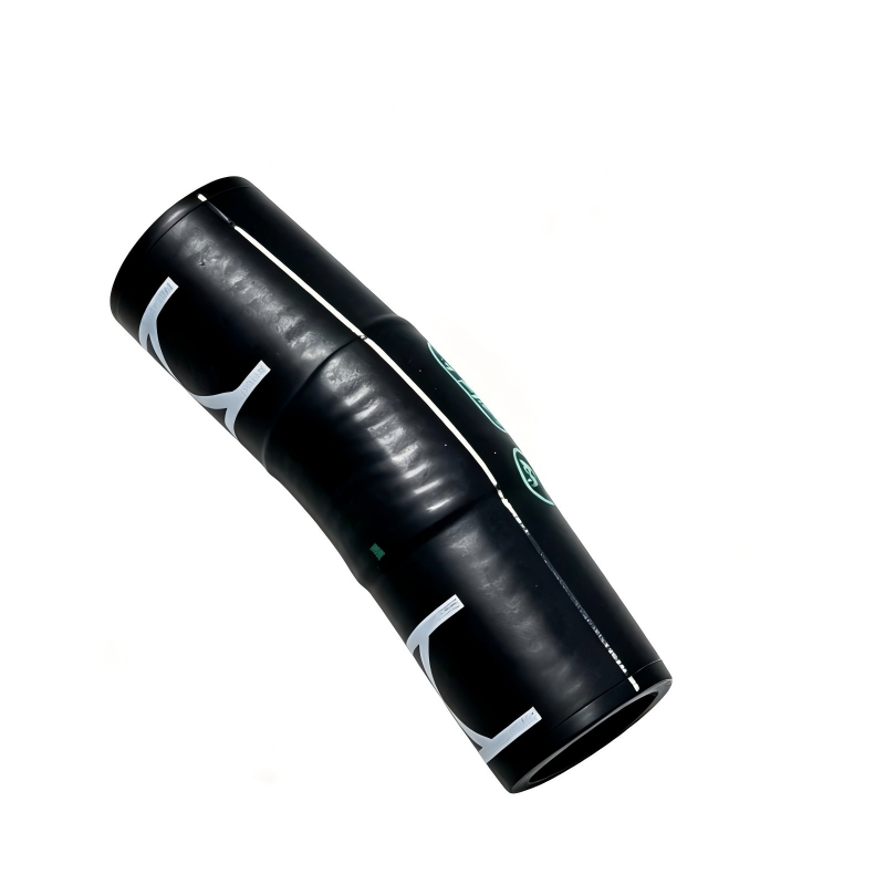Black coolant hose with green stripe and molded seam, close angled view of one end