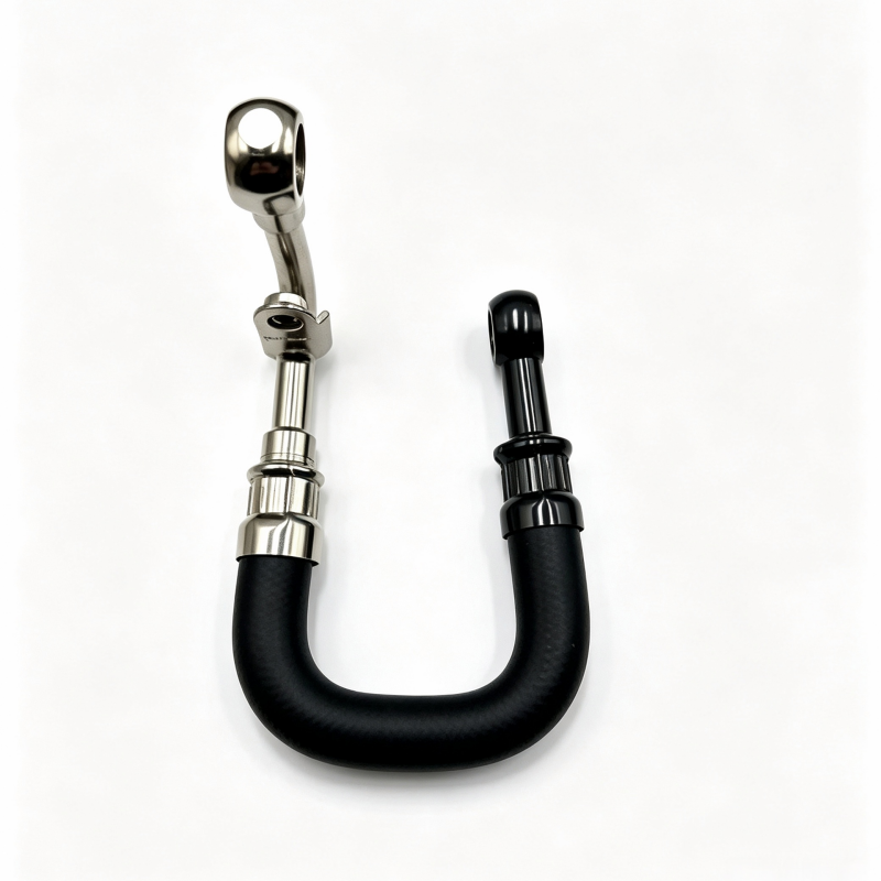 U-shaped black turbocharger boost hose with chrome metal fittings and clamps