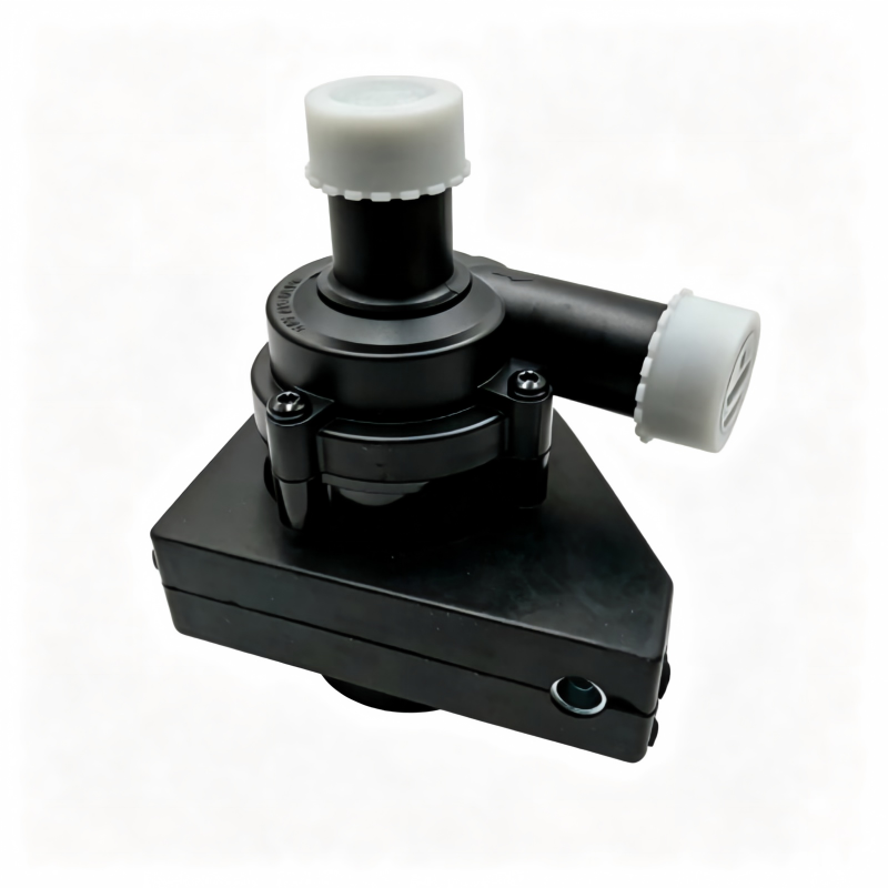 Auxiliary electric water pump with gray cap connector and black rectangular mounting base