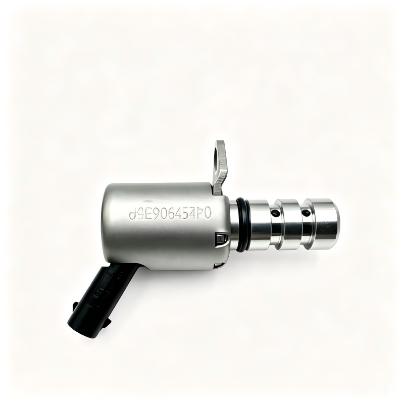 Camshaft adjustment control valve, silver cylinder with 04E906455P label and black plug