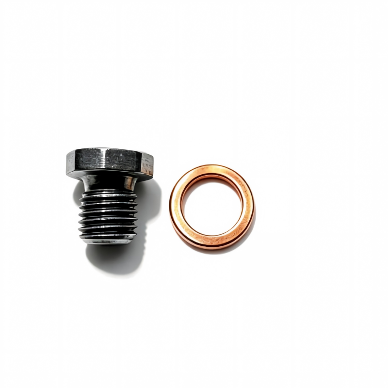 Transmission oil drain plug and copper sealing washer, threaded black steel bolt