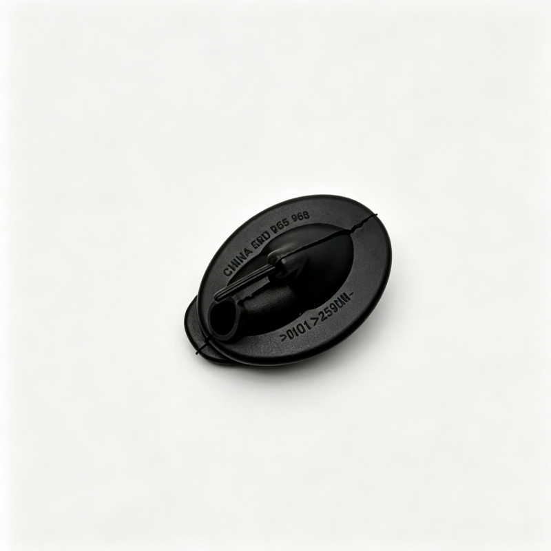 Black windshield washer hose grommet, embossed part numbers around outlet opening