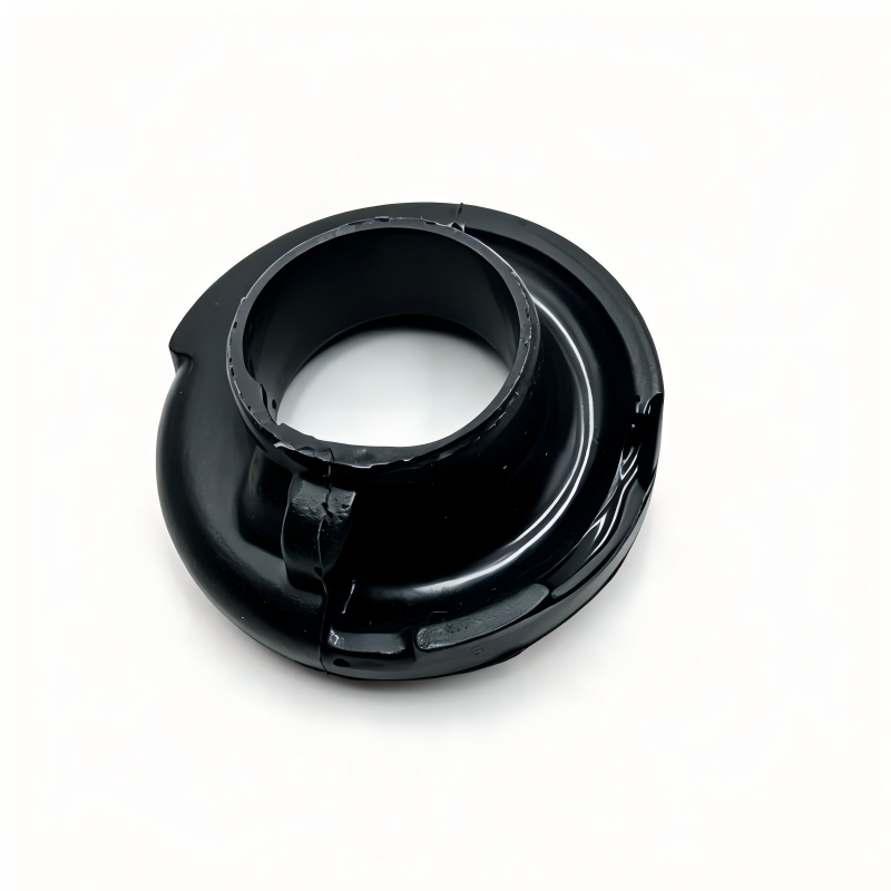 Rear coil spring lower pad, black rubber bushing with side notch and mounting lip