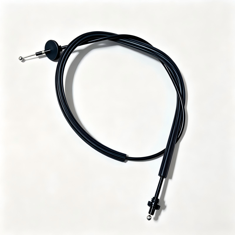 Black hood release cable assembly with metal ball pull and two end fittings