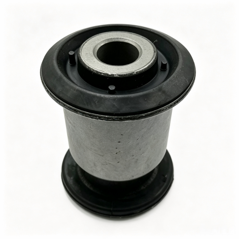 Front lower control arm bushing with gray metal body and black rubber mounts