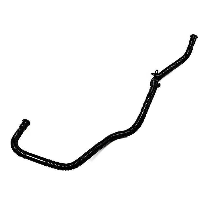 Black ribbed crankcase breather hose with mounting clip and two end nozzles