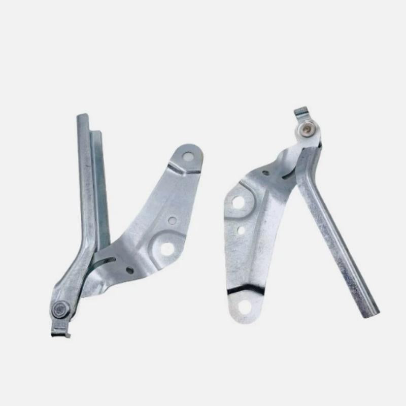 Pair of hood hinge brackets with pivot pins and mounting plates, steel gray