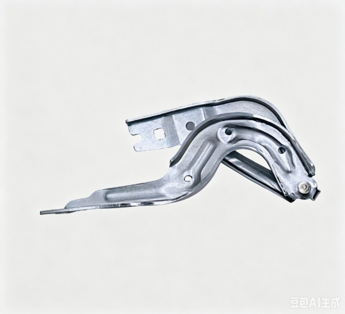 Steel hood hinge bracket pair, left and right, with mounting holes and curved arms