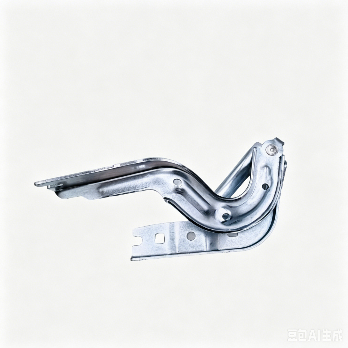 Hood hinge bracket pair with curved metal arms and bolt holes, side view