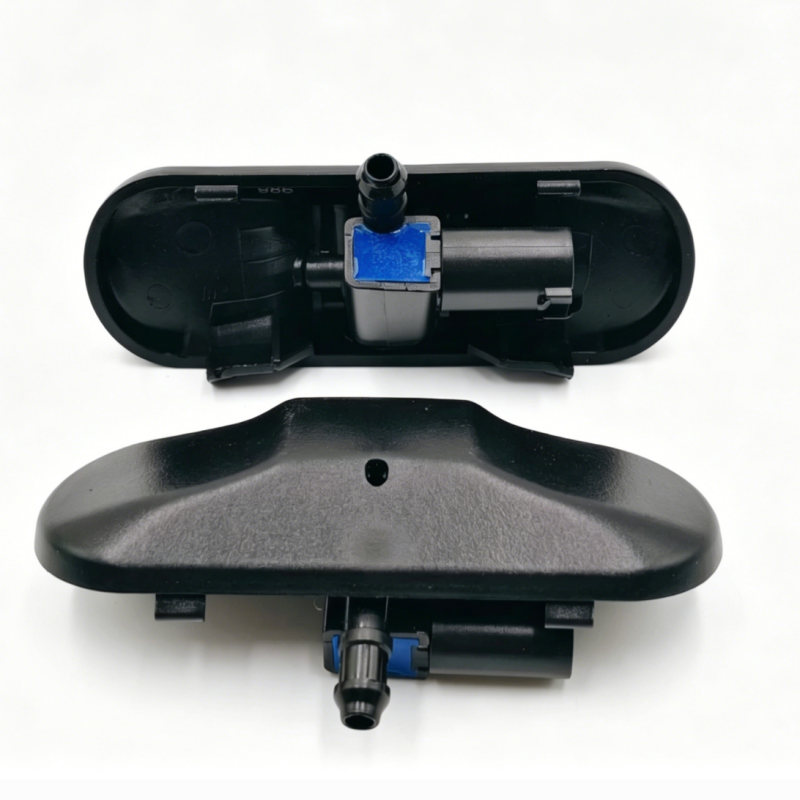 Windshield washer nozzle assembly, black housing with blue connector and spray nozzle