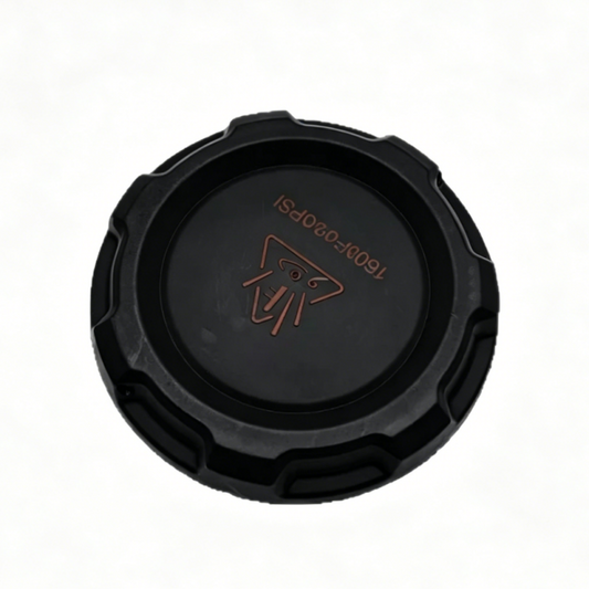 Black coolant reservoir cap with ribbed edge and embossed logo on top.
