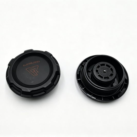 Black coolant reservoir cap, top view and underside showing vented interior.