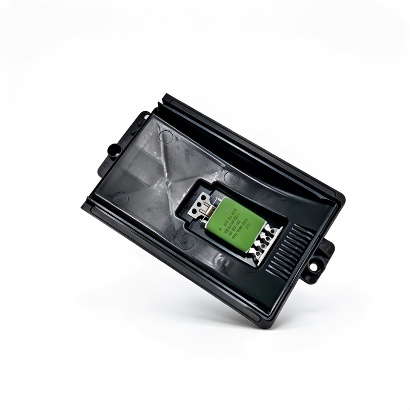 Blower motor resistor module, black housing with green circuit board and wiring contacts