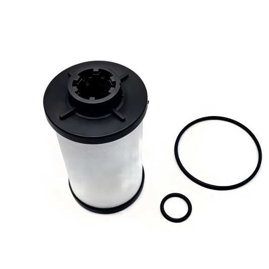 Transmission filter cartridge, showing black cap and white filter element with O-ring set