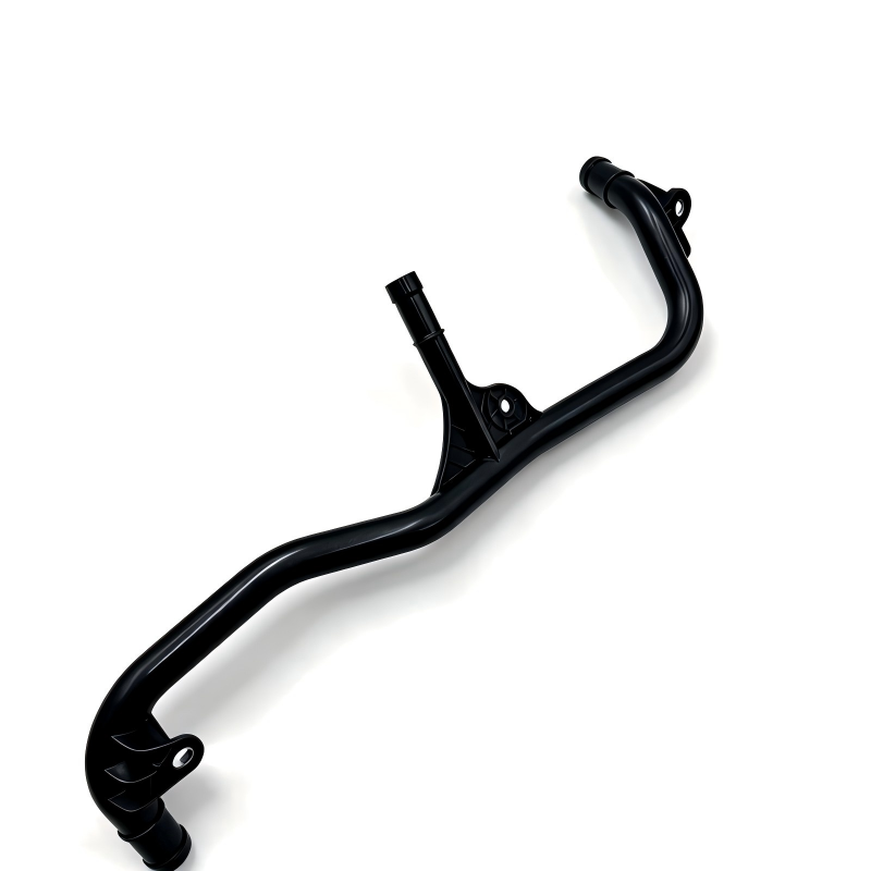Black engine coolant pipe with multiple branches and mounting holes