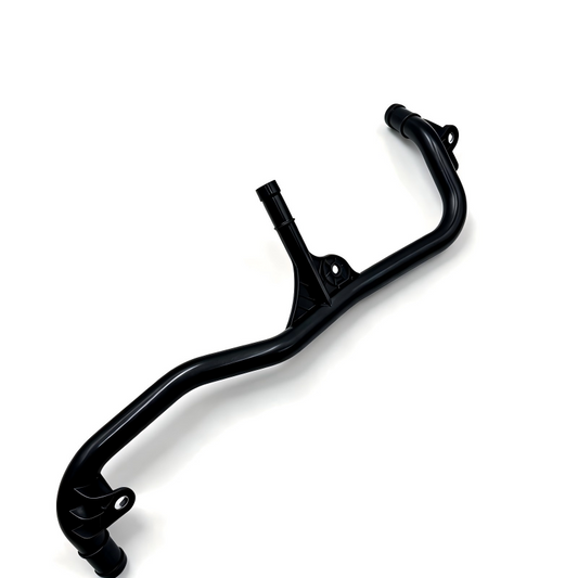 Black engine coolant pipe with multiple branches and mounting holes