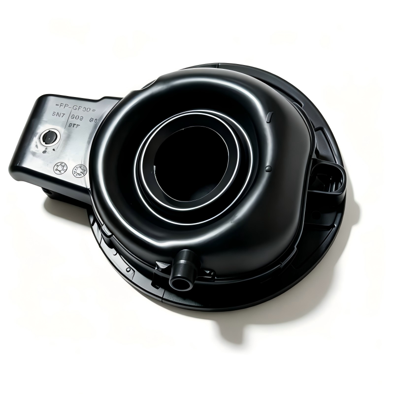 Black fuel filler door assembly with circular opening and side mounting plate