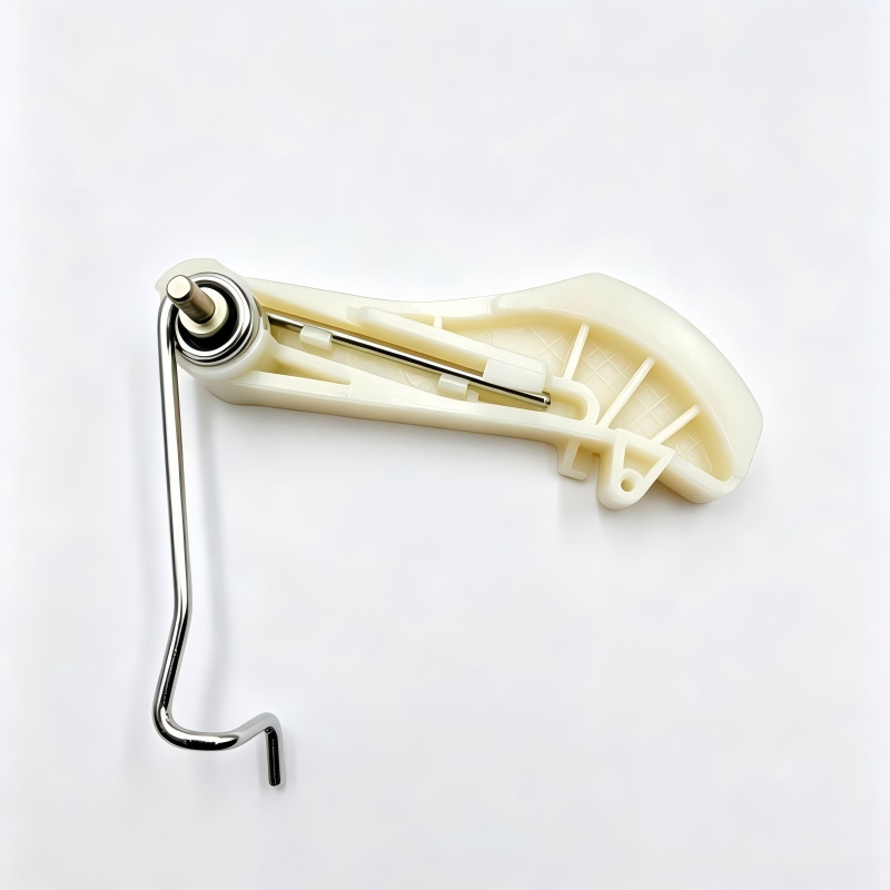 Timing chain tensioner with cream guide rail and silver adjustment pivot end.