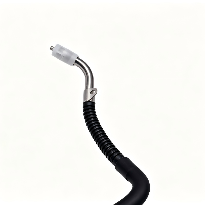 Black turbo boost hose with silver metal fitting, corrugated flex, and white connector