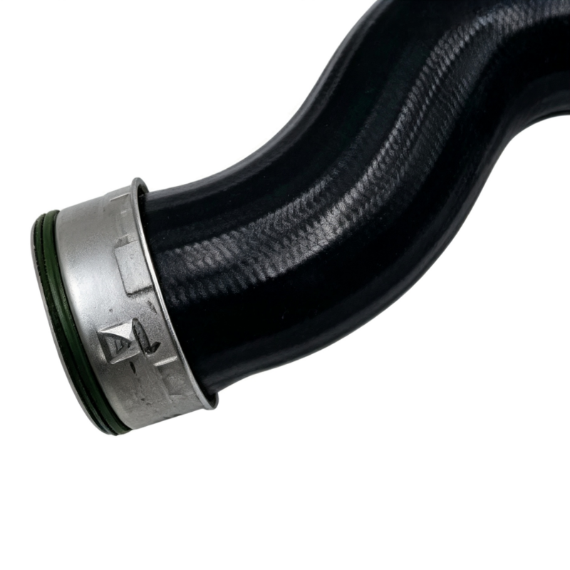 Black turbo boost pipe with metal clamp end and green sealing ring