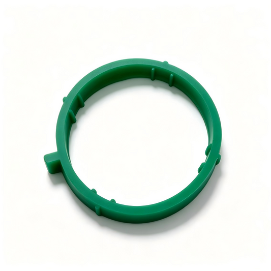 Green circular intake pipe sealing ring, with side tabs and molded stops.