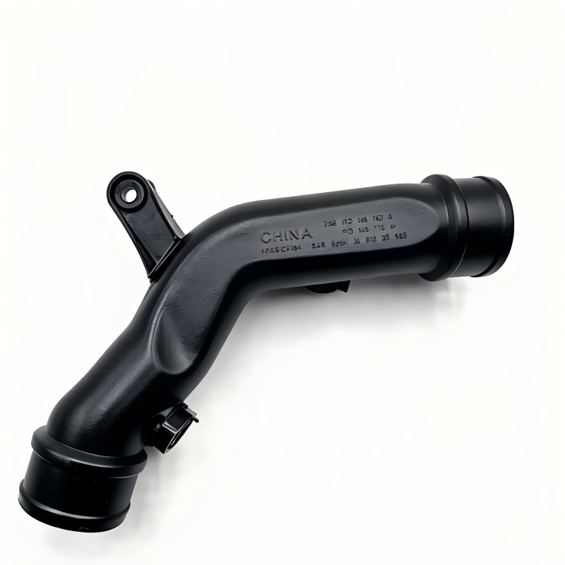 Black turbo boost pipe with hose connection ends and mounting flange