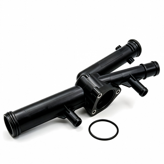 Thermostat housing assembly with black tubes, inlet outlets, and circular gasket